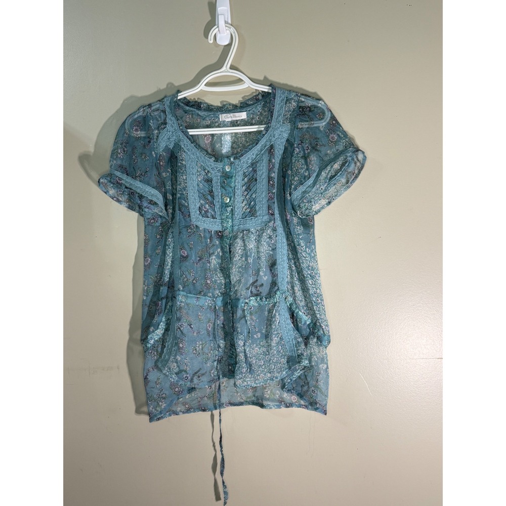 Costa Blanca Teal Blue Floral Sheer Lace Trim Pintuck Button Front Blouse Top